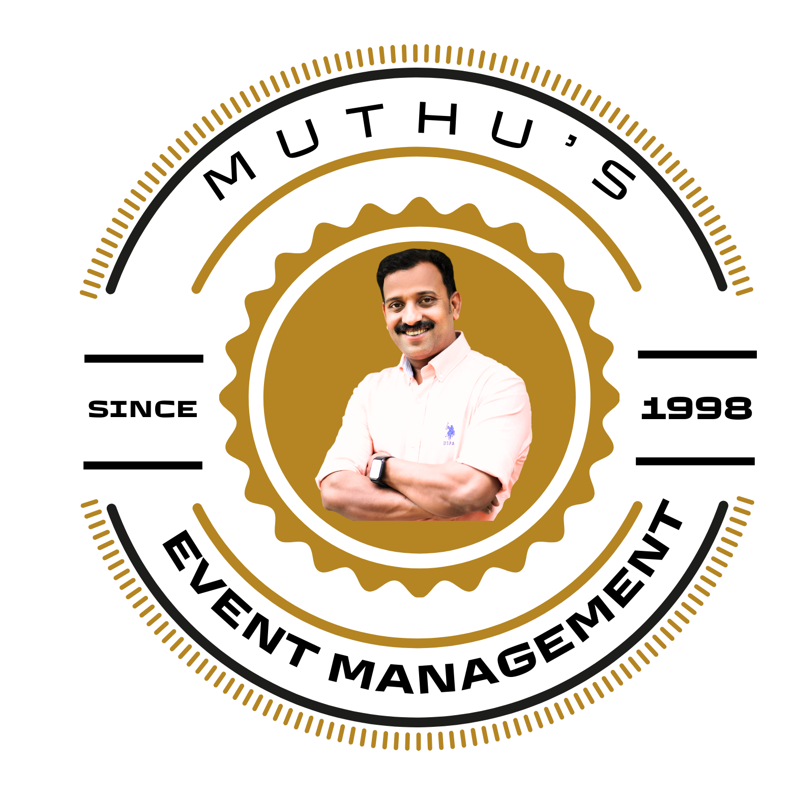Muthu, founder of Muthu's Event Management, featured in the company emblem — Since 1998